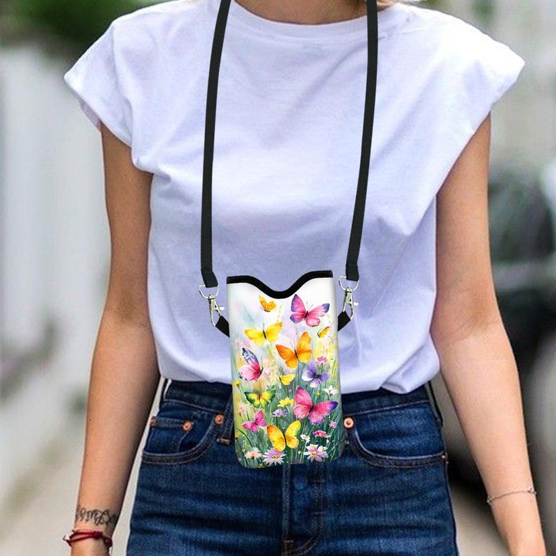 otilil Neoprene Cell Phone Sleeve Pouch Case Bag with Crossbody Strap Neck Lanyard for Women 7.1 X 3.9 in Flower Butterfly - Image 5